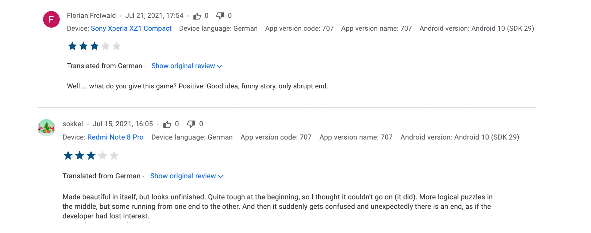 Fig 2 - Google Play reviews from one of my games