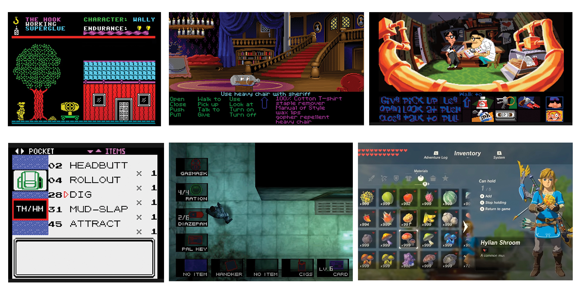 Fig 2 - Inventory system evolution: Everyone's a Wally, Secret of Monkey Island, Day of the Tentacle, Pokemon, Metal Gear Solid and Zelda Breath of the Wild