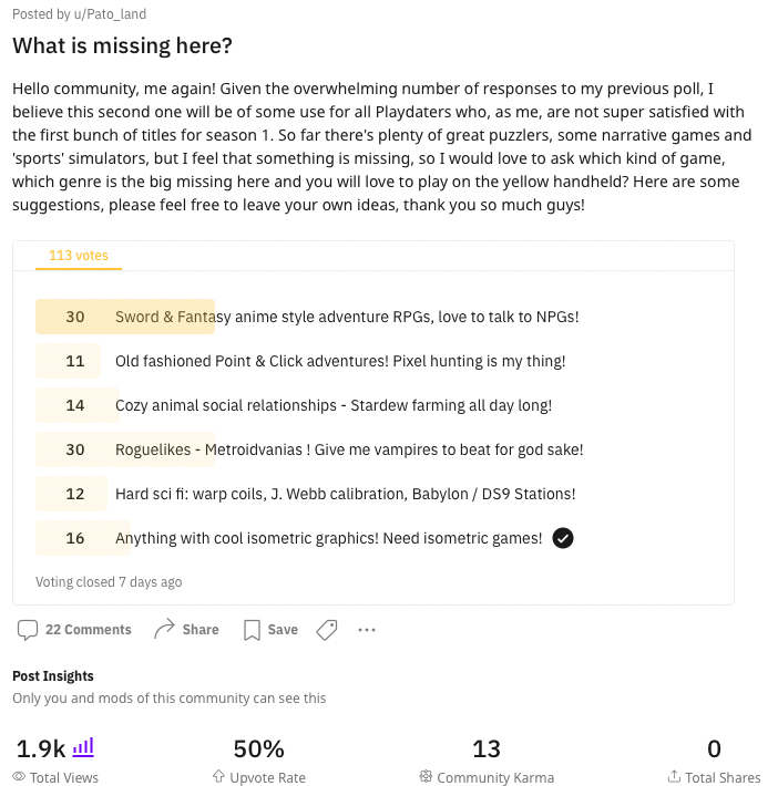 Fig 2 - 3rd  poll at the Reddit Playdate Community (r/Playdate console)