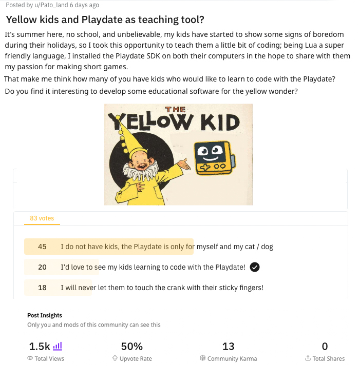 Fig 3 - Do you imagine using the Playdate as tool to teach kids to code? Reddit Playdate Community (r/Playdate console)